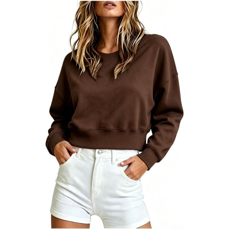 Women S Loose Crew Neck Long Sleeve Short Solid Color Casual Top
