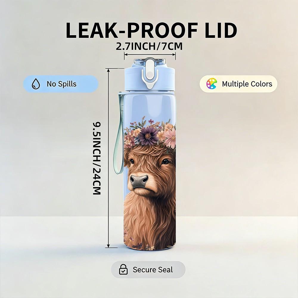 1PC Highland Cow Shaggy Cattle Portrait Print 750ml Color Plastic Sports Water Bottle Leakproof Flip Straw Lid Suitable for Sports Office Home Use