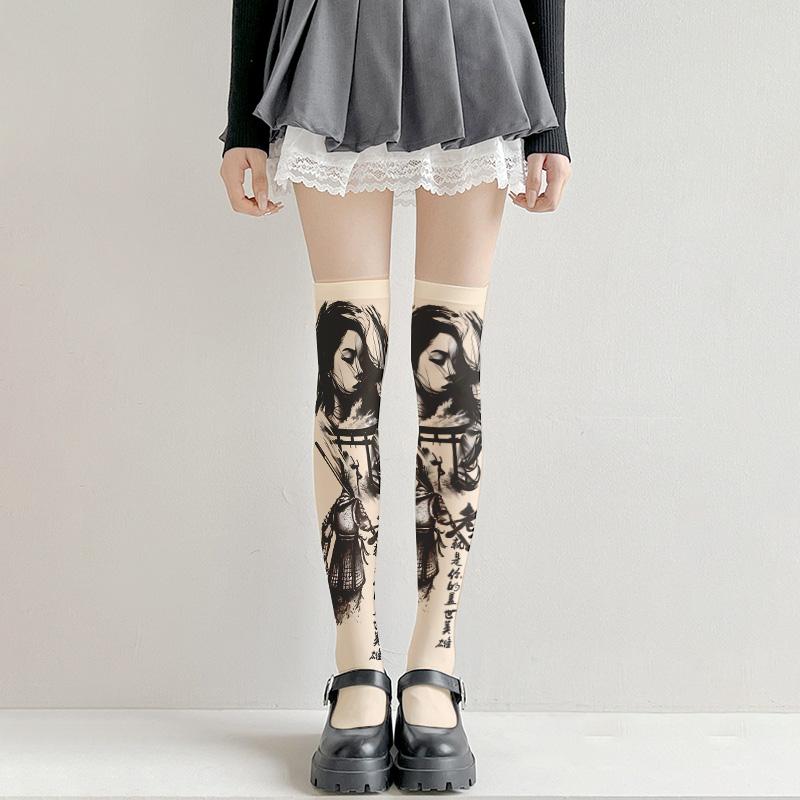 Модные носки с татуировкой на бедрах, чулки с принтом, девушки Лоли, японские сексуальные чулки, тонкие модели, разные размеры
