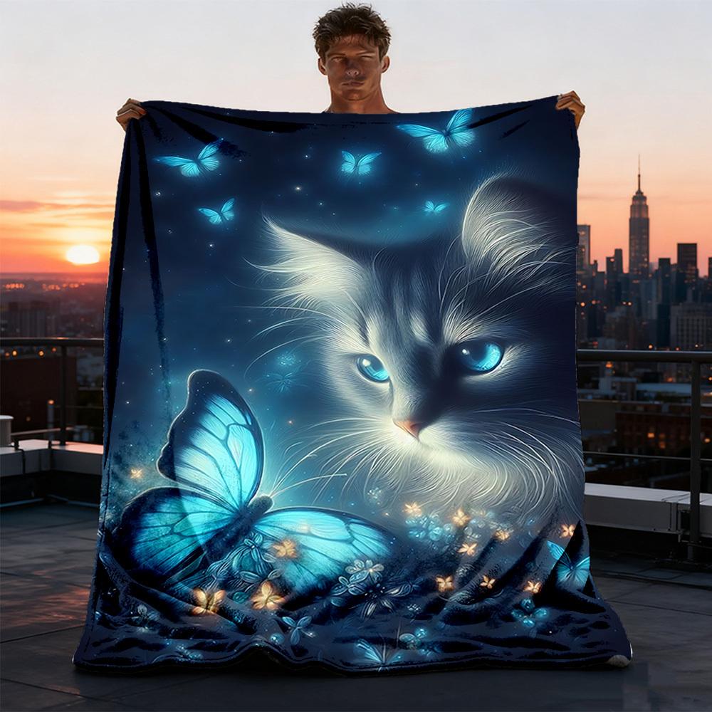 1pc Butterfly Cat Night Throw Blanket Polyester Fiber, Lightweight Flannel, Soft & Warm, All Season Use for Outdoor, Camping Digital Print