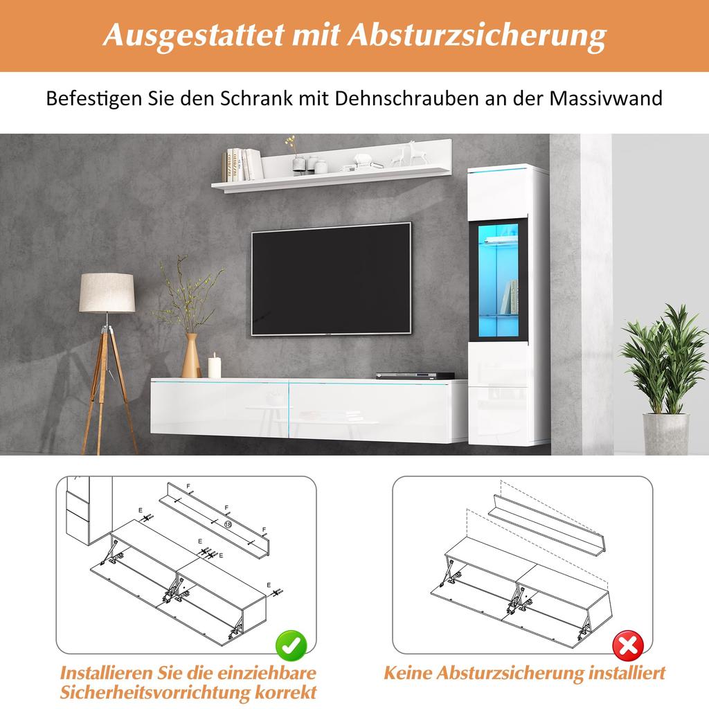 Wohnwand 3-Teilig Set, Möbel Set, Hängend, 1x TV Lowboard, 1 x 1x Wandboard, Komplett, Elegante Mediawand LED-Licht, Viel Stauraum, Weiß
