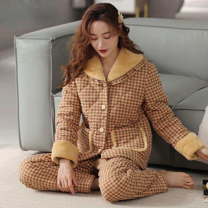 Куртка Пижама Женская Зимняя Трехслойная Теплая Плюшевая Утолщенная Домашняя Одежда Повседневная Для Молодежи Среднего Возраста Комплект Пижамы