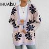 Autumn and Winter Women's V-neck Printed Commuter Temperament Loose Knitted Cardigan Jumper Jacket