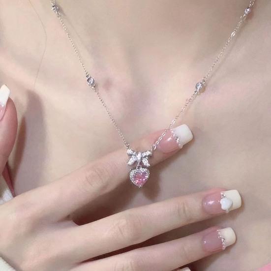 Women Necklace Sparkling Rhinestones Heart Bow Design Pendant Necklace Valentine Day Anniversary Jewelry Gift