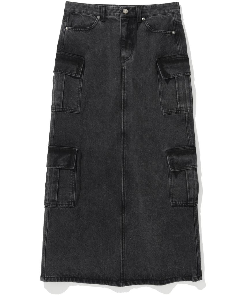Notponerd W Denim Cargo Long Skirt - Black