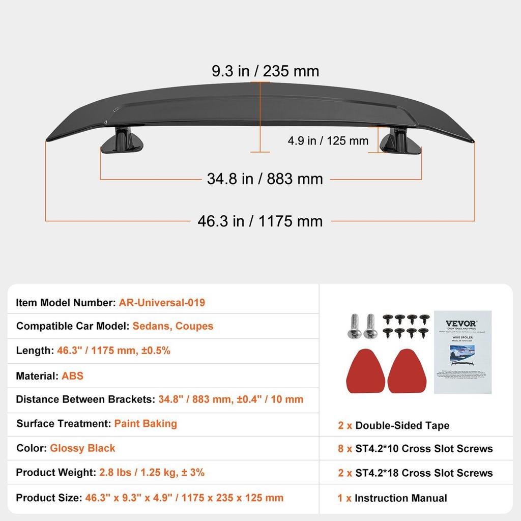 GT Wing Car Spoiler, 46.3 inch Universal Spoiler, Compatible with most Sedans and Coupes, High Strength ABS Material, Car Rear Spoiler Wing, Racing