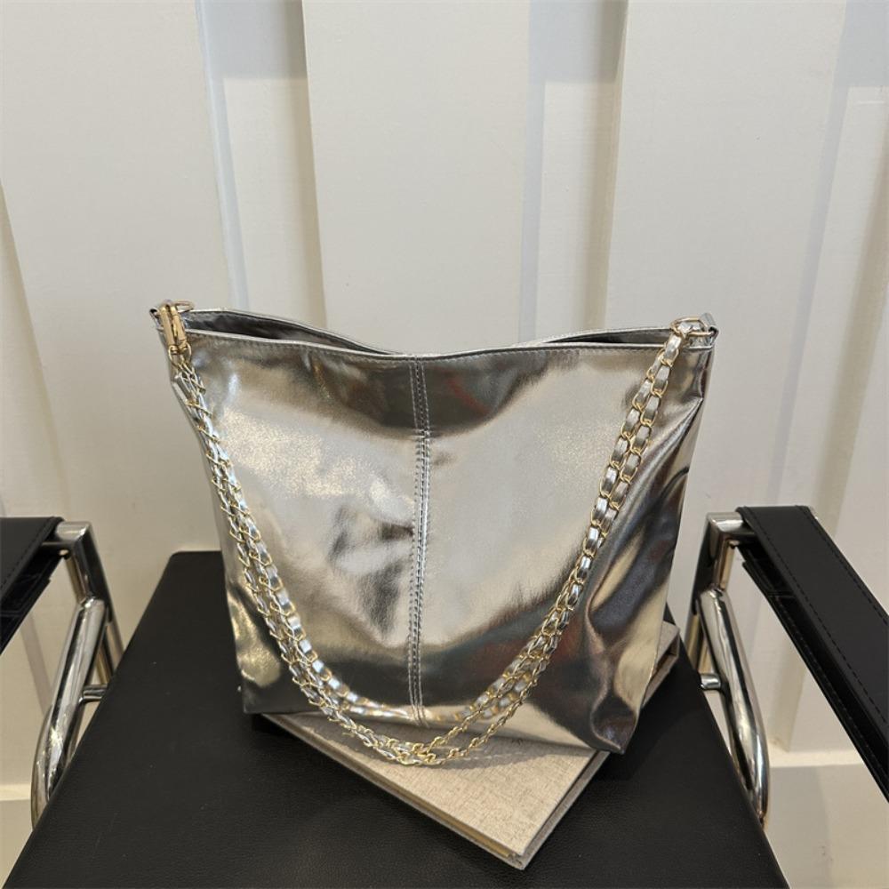 Large Capacity PU Leather Tote Bag Solid Color Women Handbag Retro Chain Shoulder Bag Party