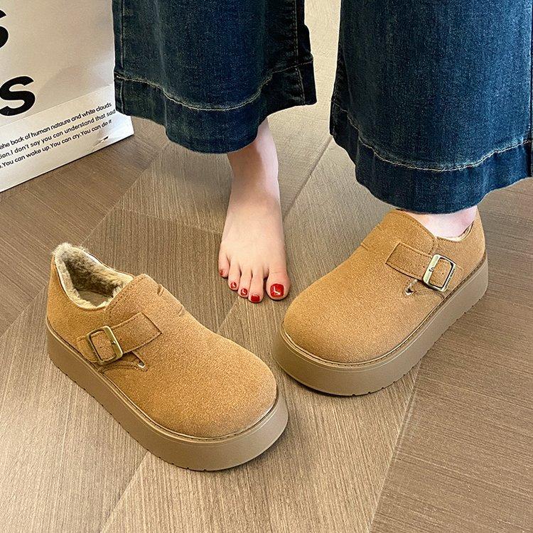 Модные женские модные хлопковые ботинки на толстой подошве Зимние новые замшевые с круглым носком и глубоким вырезом, с металлической пряжкой, нескользящие туфли с низким верхом