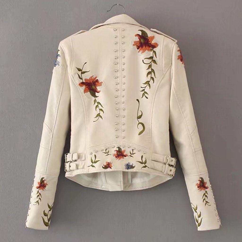 Женская повседневная тонкая кожаная куртка на молнии с длинными рукавами и вышивкой