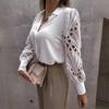 VEZFAA Women's Fashion Casual Summer Spring Solid Color Print Lace Long Sleeve POLO Neck Blouses & Shirts