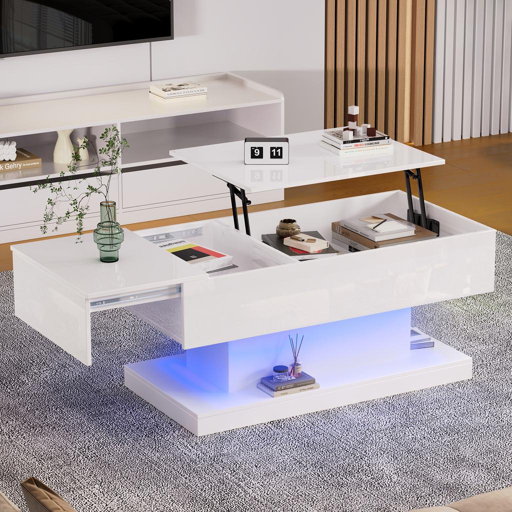 High-Gloss Lift Tea Table, LED Coffee Table 100x50x45 cm, Half-Liftable Tabletop with Sideways Sliding Design, Hydraulic Lift and Storage Space