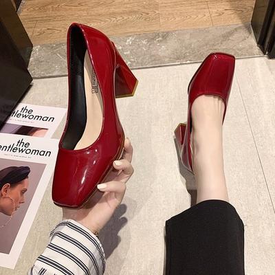 Летние туфли с квадратным носком, женские, знаменитость, лакированная кожа, высокие каблуки, толстый каблук, педикюр, мелкий вырез, закрывающие ногу, профессиональная обувь