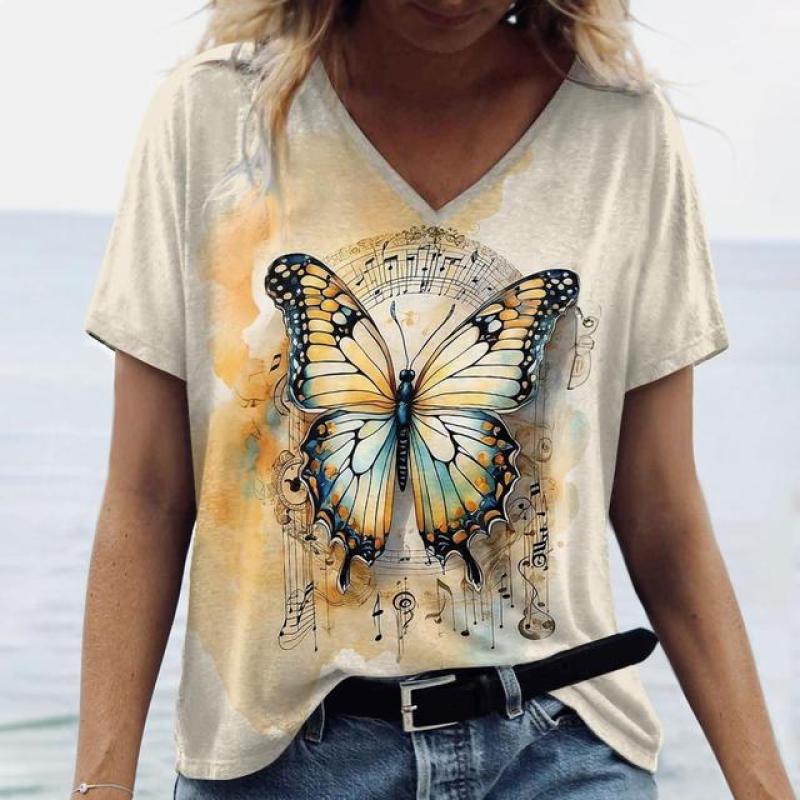 Женская футболка, модный принт с часами, летняя одежда большого размера с короткими рукавами, уличная повседневная пуловер с v-образным вырезом, женские футболки