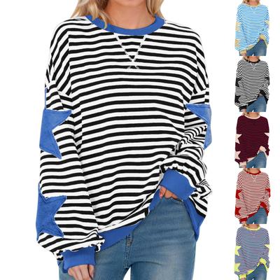 Женский модный полосатый пуловер с принтом звезды, круглым вырезом и длинными рукавами, пуловер с цветными блоками, толстовка-топ