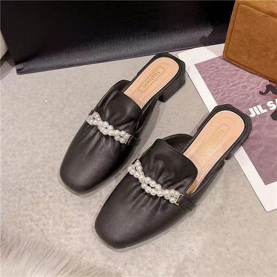 Женские mules без задника на низком каблуке, квадратный носок, полутапочки, декоративная жемчужная цепочка, повседневная уличная обувь