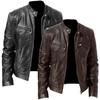Men's Large Size Zipper Cardigan Pocket PU Leather Stand Collar Slim Leather Jacket Jacket