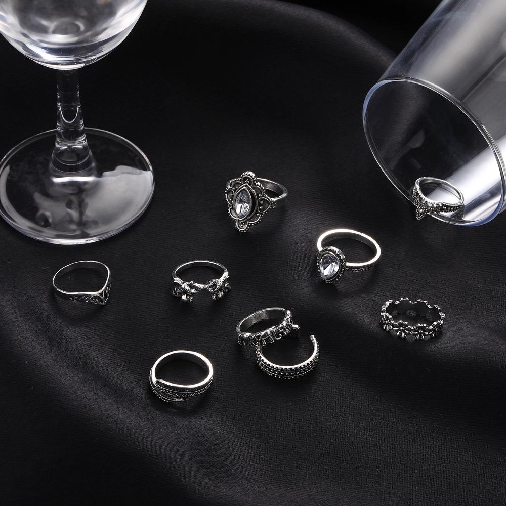 Винтажный набор открытых колец с цветочным узором из страз и перьев - 9 штук