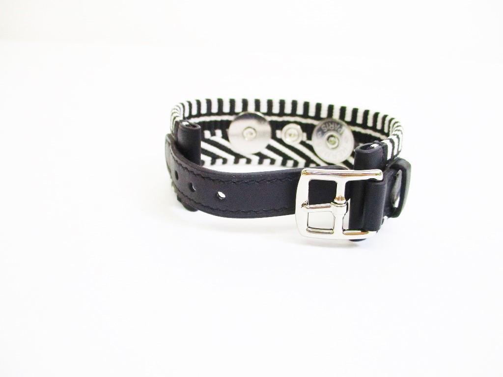 Оригинальный браслет-манжета HERMES Черный Белый Холст Кожа Collier de Chien #6972 Открытая коробка