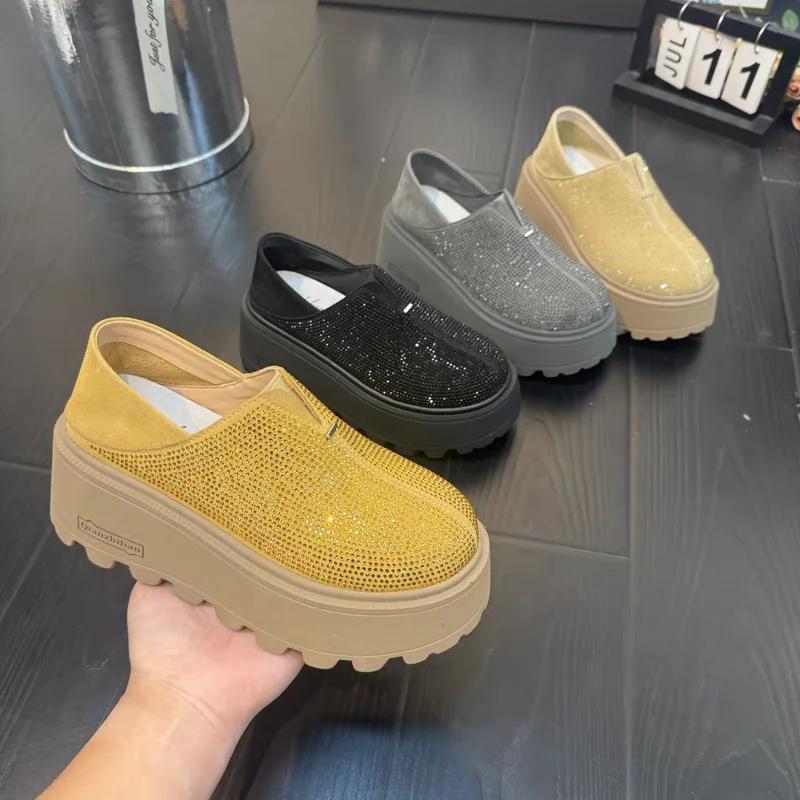 Women's Single Shoes Thick Sole Round Toe Rhinestones Heel Can Be Stepped On Bread Shoes Leisure One Kick Zapatillas De Mujer