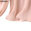 VONDA Женская рубашка с пышным воротником и длинным рукавом, украшенная жемчугом, однотонный свободный топ