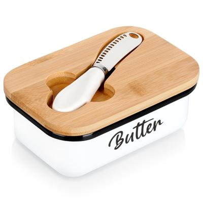 White Metal Butter Dish with Bamboo Lid and Knife