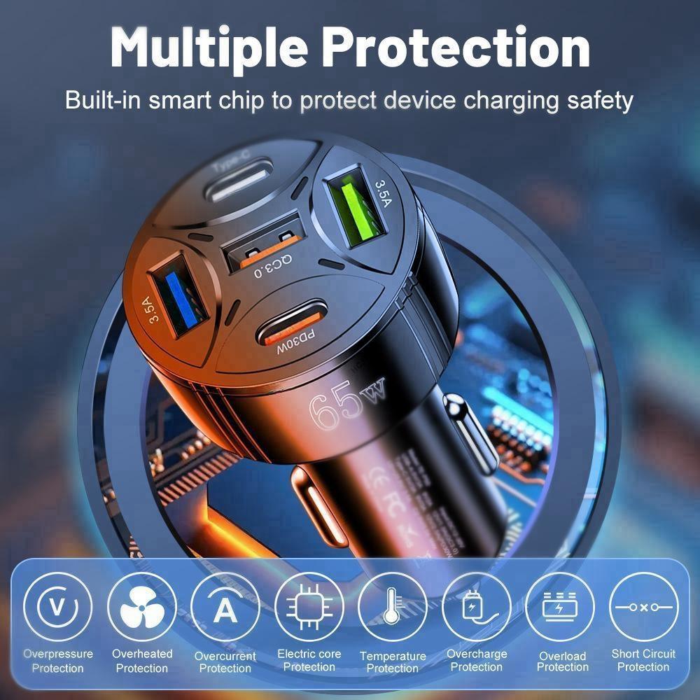 65 Вт USB Автомобильное зарядное устройство Быстрая зарядка 5 портов PD Type C Автомобильное зарядное устройство для телефона Адаптеры Для iPhone 15 Xiaomi Samsung Быстрое зарядное устройство В машине