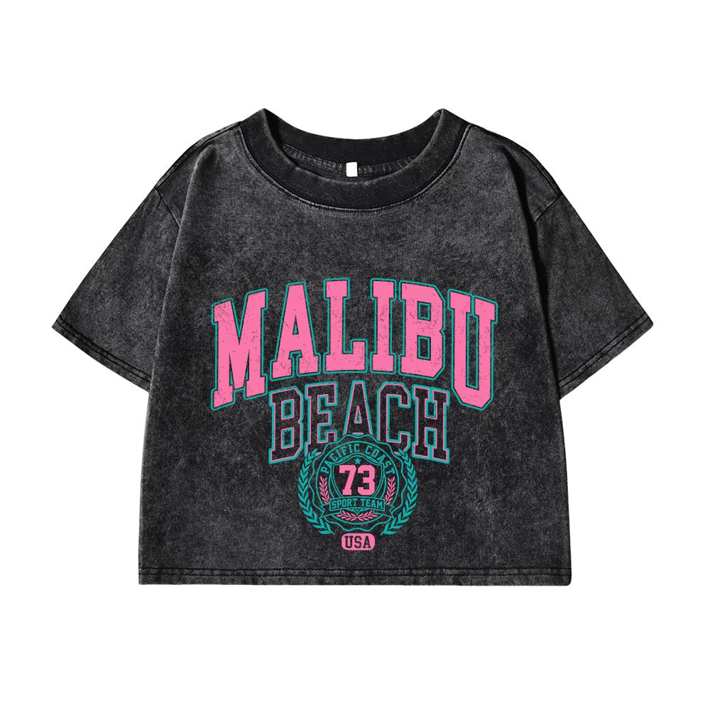 Womans Cotton Crop Tees Trend O-Neck Distressed Washed T-Shirts Malibu Beach Simple Letter Printing Tops Clothes