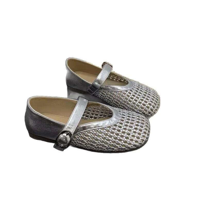 Туфли-балетки женские 2025 новые с ремешком из крючкованной сетки, с круглым носком и плоской подошвой, плетеные мэри джейн