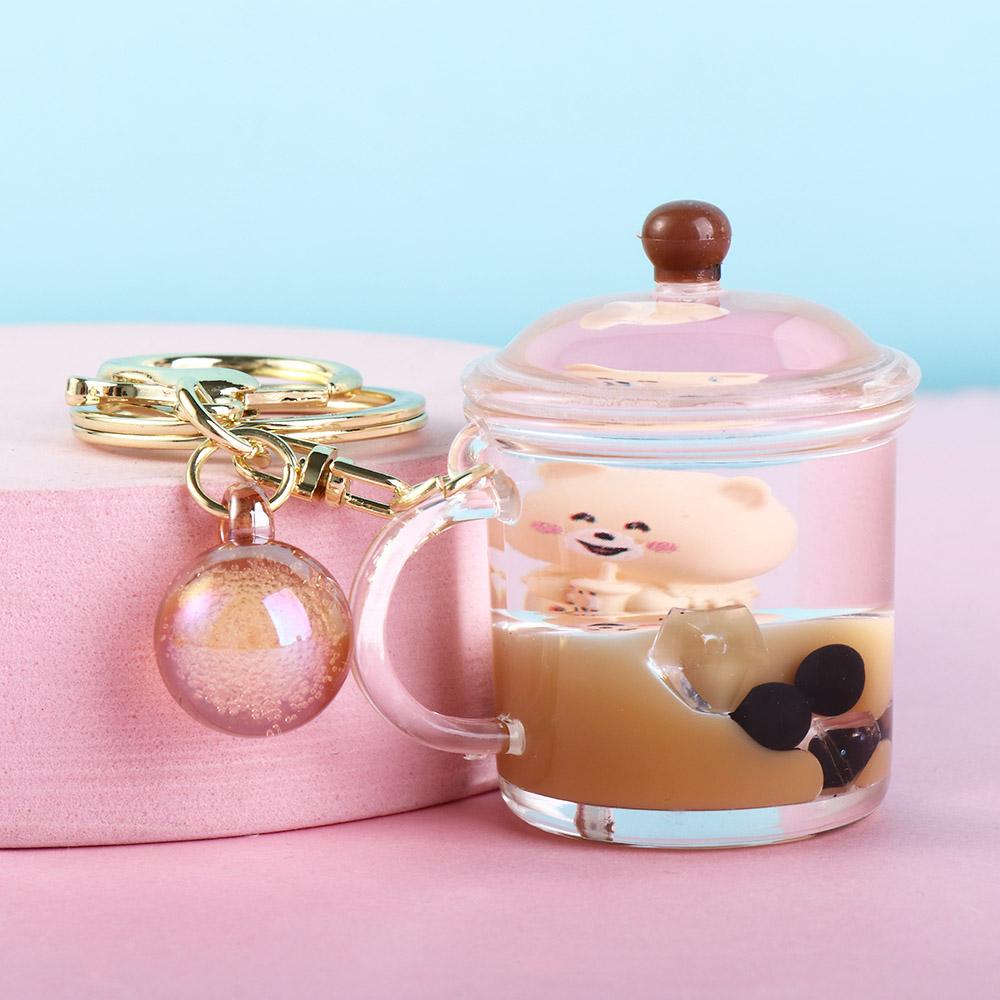 Milk Tea Cup Liquid Oil Keyring Bag Pendant Milk Tea Bottle Keyring Milk Tea Cup Bear Keychain