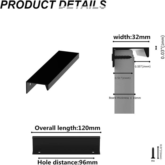 Lot de 10 poignées invisibles noir 96 mm entraxe - aluminium 120x32x18 mm + 20 vis