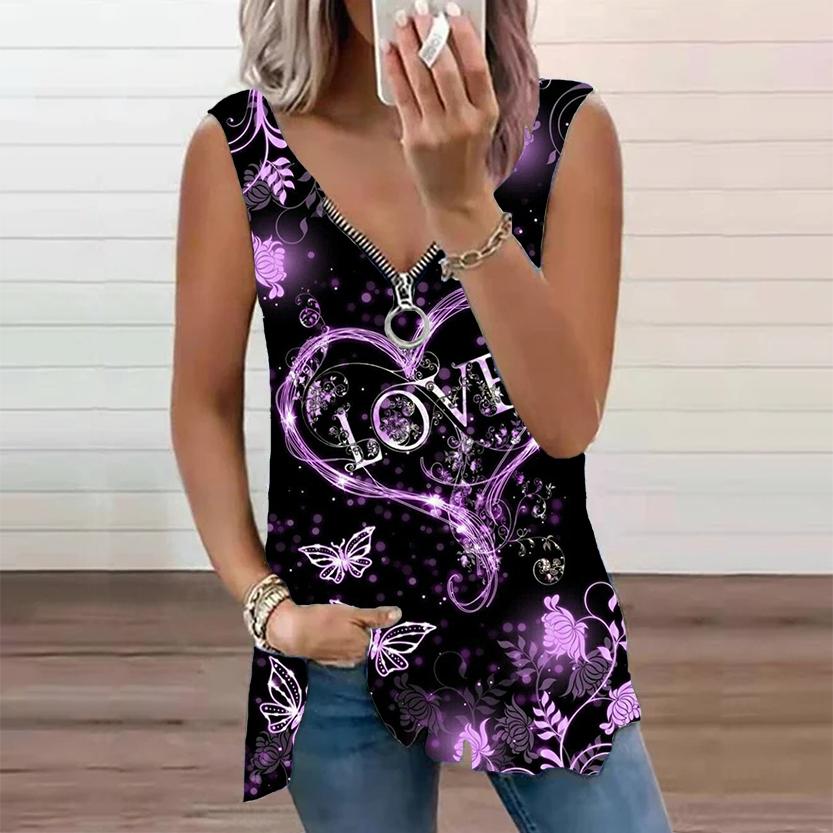 Женский топ, летний новый модный красивый повседневный топ с принтом «Любовь», без рукавов, на молнии, с v-образным вырезом, топ на бретелях