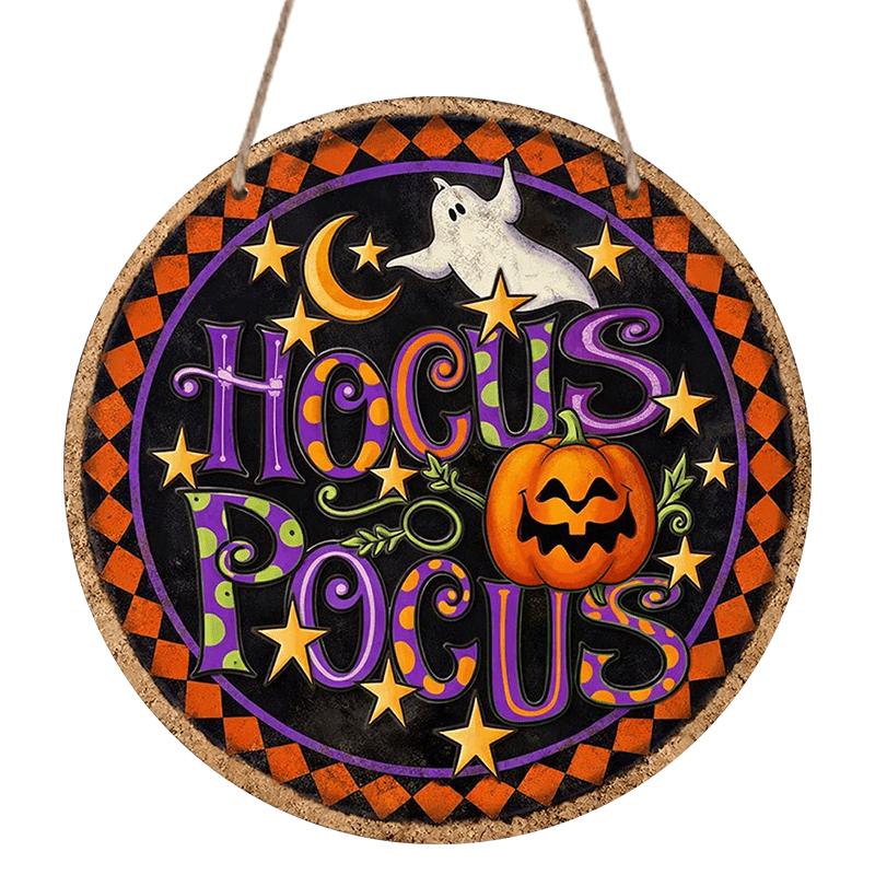 2D Flat, 1pc Round Aluminum Hanging Sign, Vintage Halloween Pumpkin Decorative Plaque, Hocus Pocus Magic Themed Decor Sign, Suitable for Decorating