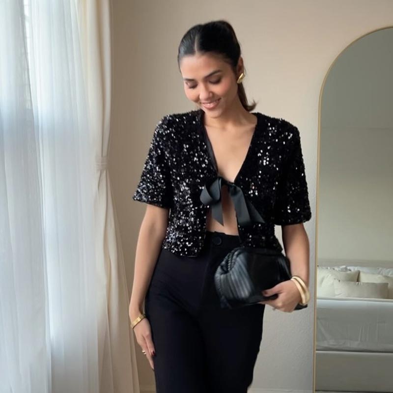 Женская рубашка с короткими рукавами и V-образным вырезом, бантом, шнуровкой, пайетками, милые однотонные блузки, весна-лето 2025 года