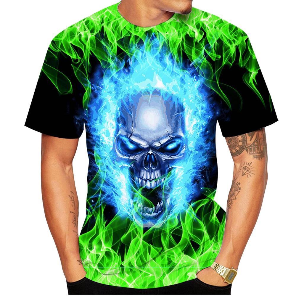 Fire Skull Pattern 3D Printed Men's Casual Hoodie Round Neck Short Sleeve T-shirts