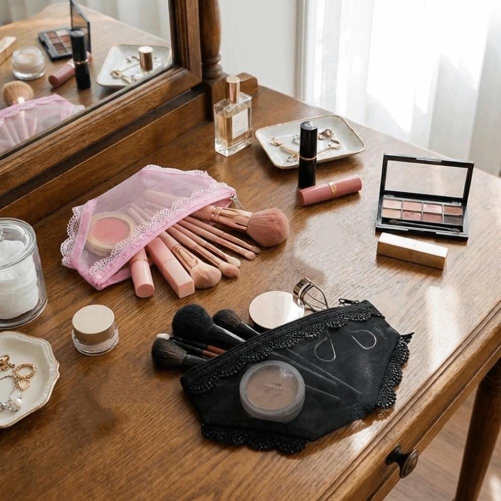 Korean Style Mesh Toiletry Bag Lace Trim Makeup Storage Pouch Jewelry Organizer for Travel