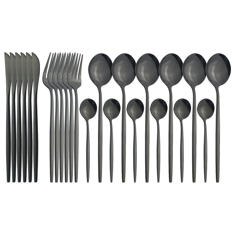 24pcs Black Gold Cutlery Set Mirror Stainless Steel Dinnerware Set Knife Fork Spoon Tableware Flatware Set Dishwasher Safe Kitchen Wedding Accessories
