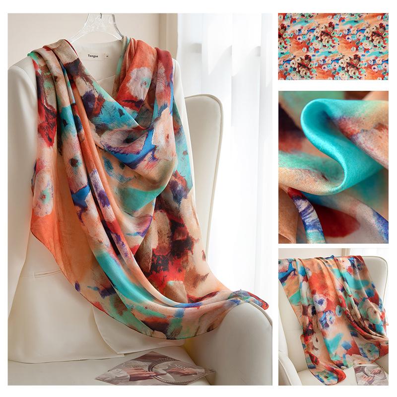 Длинные полосы шелкового шарфа  Высококлассный шарф из тутового шелка  Женский свежий маленький цветочный тонкий стиль  Атмосфера  Большая шаль