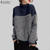 Women Casual High Neck Long Sleeve Loose Patchwork Print Tee Tops