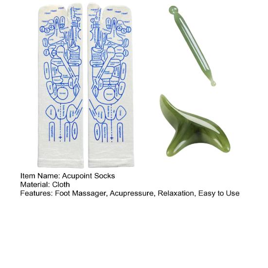 Набор носков для акупрессуры для рефлексологии стоп. Простые в использовании носки для акупрессуры с массажной палочкой. Таблица точек массажа ног. Инструменты для акупрессурного массажа.