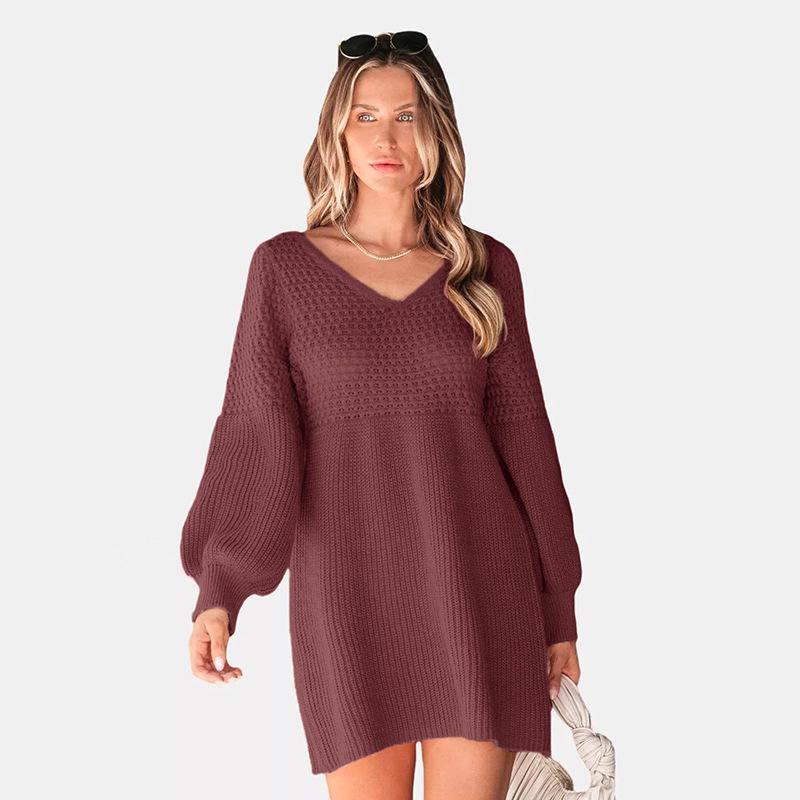 TEMU Autumn 2026 Puff Sleeve Solid Knit V-neck Sweater Dress - European & American Christmas Edition