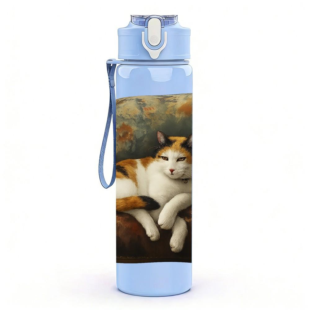 1PC Cat Resting On Cushion 750ml Color Plastic Sports Water Bottle Leakproof Flip Straw Lid Suitable for Sports Office Home Use