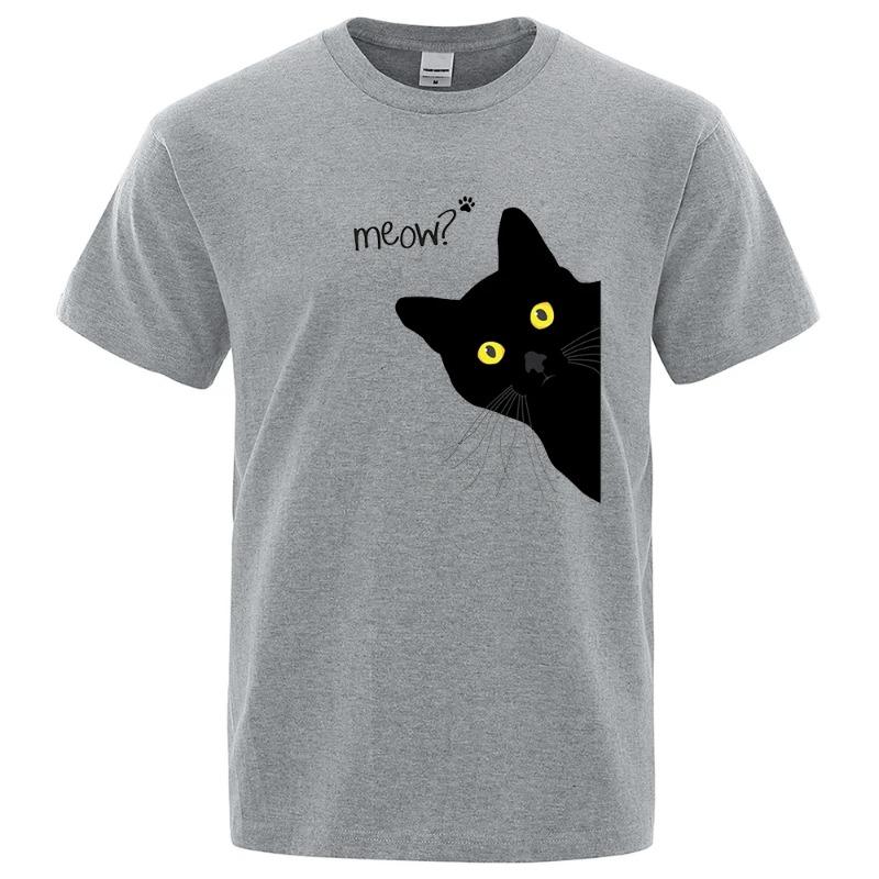 Meow Black Cat Funny Printing Men T-Shirts Breathable Tee Clothes Summer Streetwear Tops Oversized Loose Cotton Short Sleeve T-Shirts Men’s