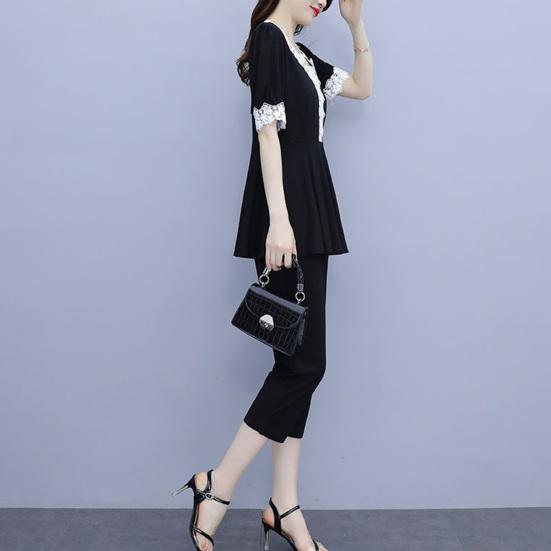 Женский летний повседневный комплект из двух предметов с V-образным вырезом, короткими рукавами, кружевной отделкой, брюками-семь четвертей, женский рабочий наряд