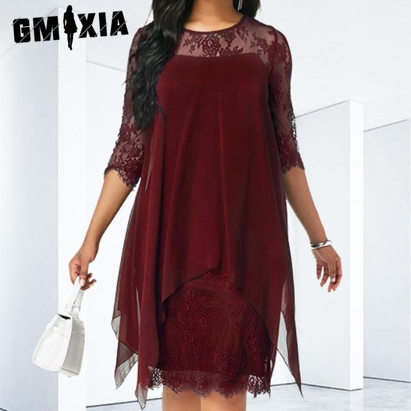 GMXIA Women's Fashion Summer Spring Elegant Wind Lace Stitching 3/4 Sleeves O-Neck Loose Casual Dresses