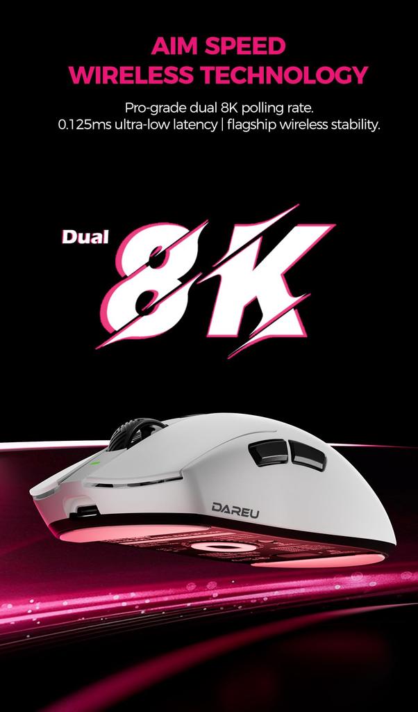 Беспроводная игровая мышь DAREU AE6PRO 8K, легкая, с продвинутым сенсором PAW3950, симметричная, эргономичная. Включает зарядку. Одобрена по техническим стандартам