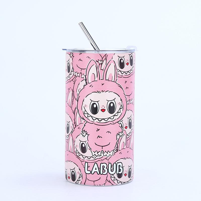 Мультяшный узор Лабубу из нержавеющей стали, изолированная чашка, простая кофейная чашка с соломой