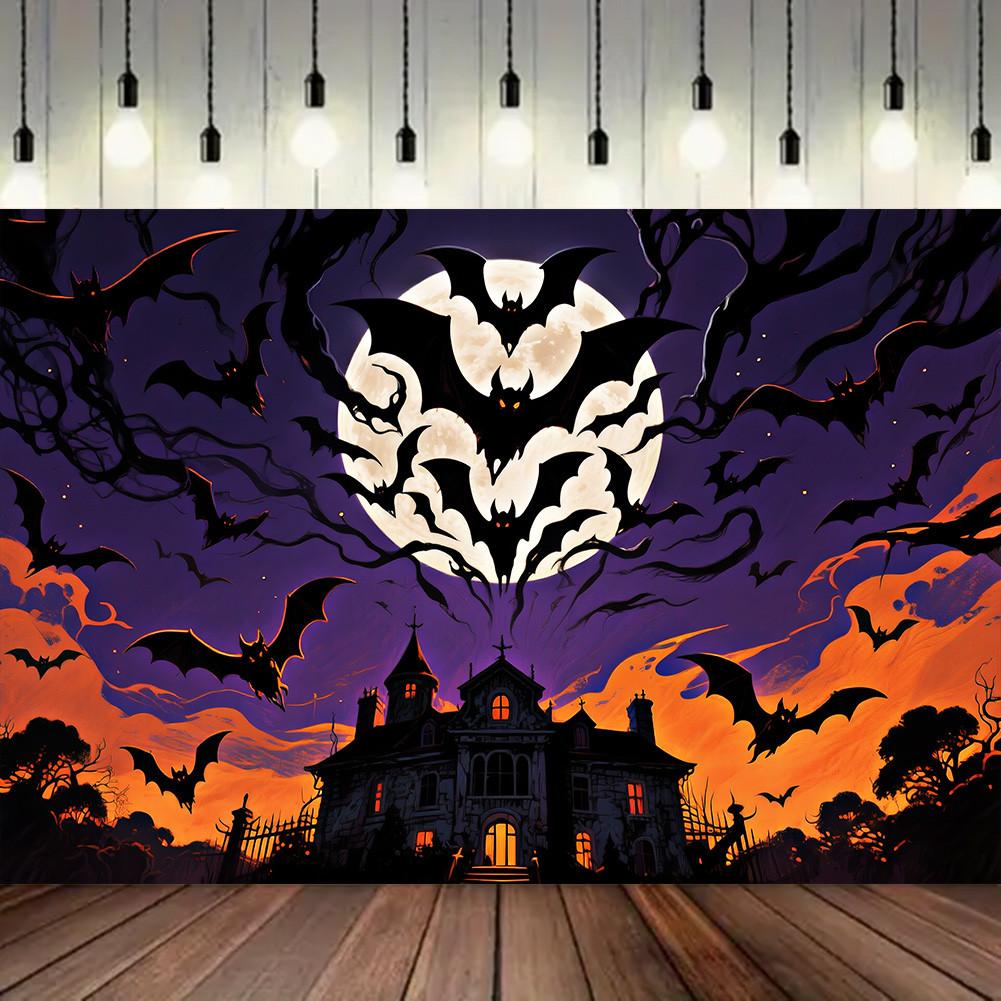 Страшный баннер-фон на Хэллоуин - Замок с летучими мышами и полной луной для вечеринок в помещении/на открытом воздухе, выпускного, декора на Хэллоуин, мероприятия