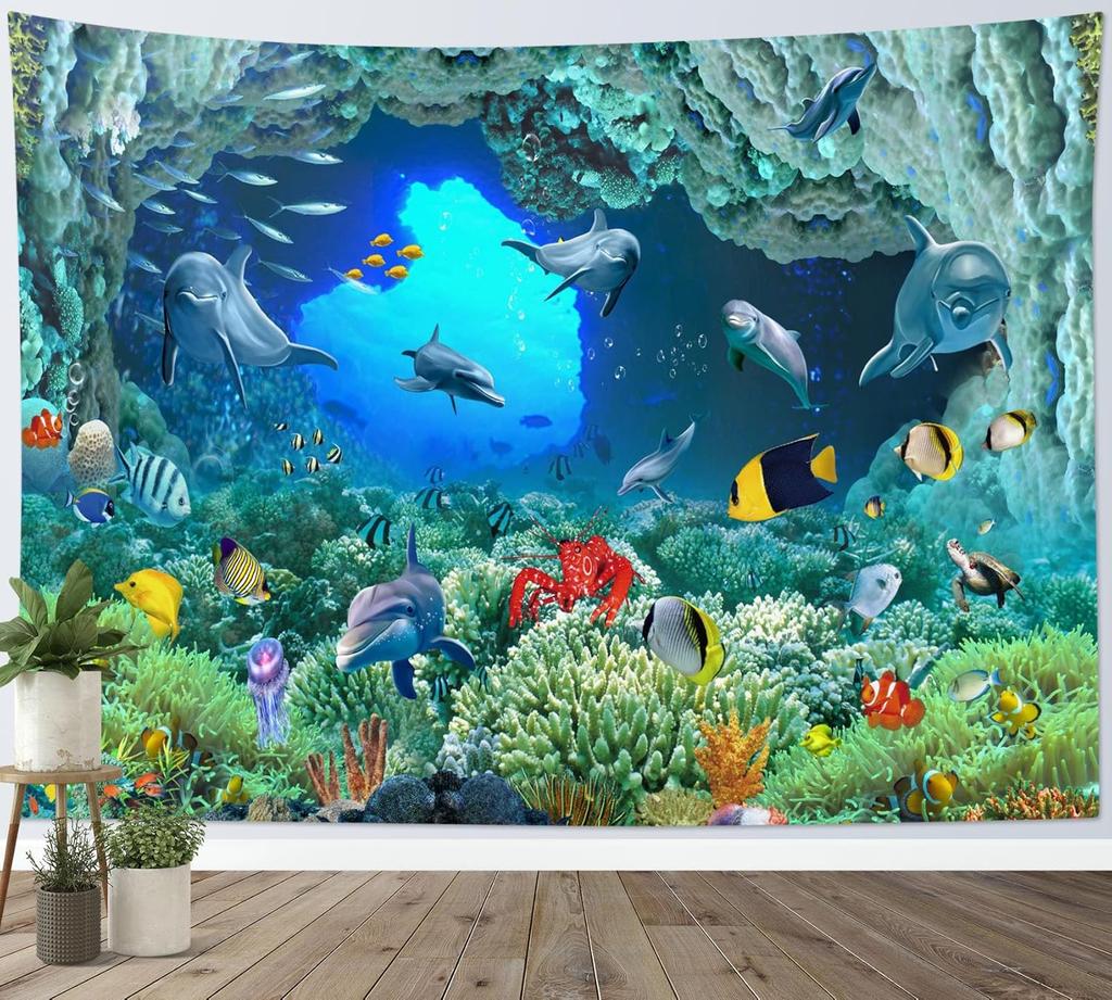 Sea Turtle Coral Reef Tapestry Blue Ocean Tropical Fish Underwater Wall Hanging for Bedroom Living Room Nature Decor