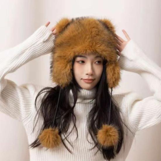 Детская зимняя шапка с завязкой и плюшевым шариком из толстого искусственного меха с рисунком енота на резинке