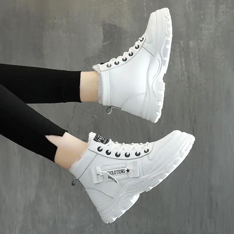 2024 Fleece-Lined Cotton Shoes for Women Korean Style Warm High-Top Martins All-Match Winter Footwear for Students